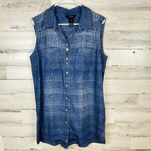 Ali Miles Chambray Print Sleeveless Wooden Button Front Tunic Top Large Coastal